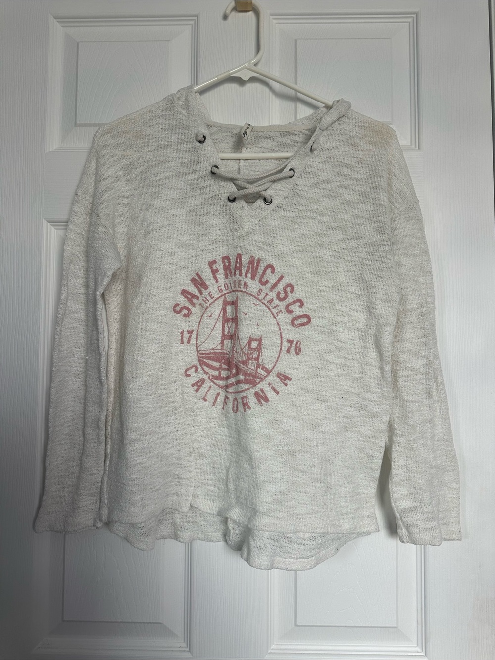 Light Heather Lace-Up V-Neck Sweater with Pink San Francisco Graphic